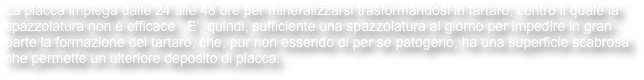 La placca impiega dalle 24 alle 48 ore per mineralizzarsi trasformandosi in tartaro, contro il quale la spazzolatura non è efficace . E’, quindi, sufficiente una spazzolatura al giorno per impedire in gran parte la formazione del tartaro, che, pur non essendo di per sé patogeno, ha una superficie scabrosa che permette un ulteriore deposito di placca.